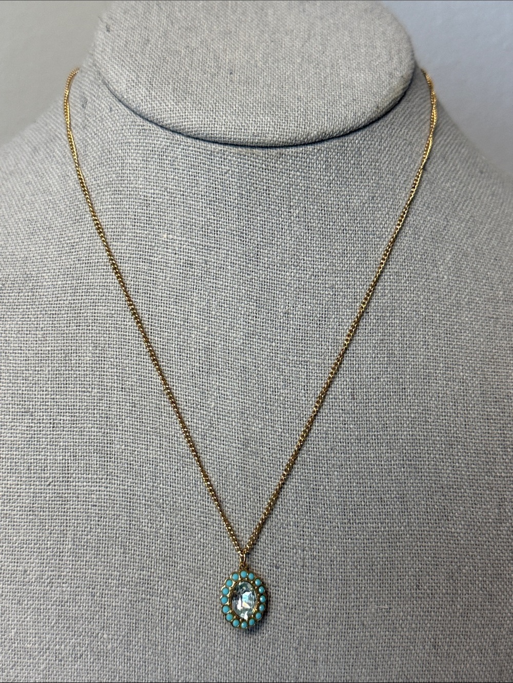 Swarovski Gold Tone Oval Crystal Pendant Necklace Blue Turquoise Halo 16"